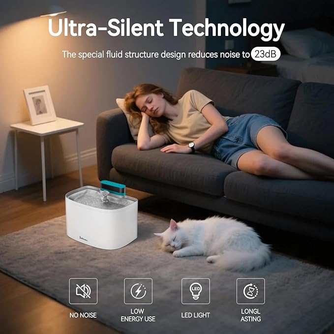 Cat Water Fountain, 122oz/3.6L Pumpless Cat Fountain, Cordless Water Fountains for Cats Indoor, Dog Pet Water Fountain Battery Operated with Stainless Steel Tray (White, Fountain+2 Fliters)