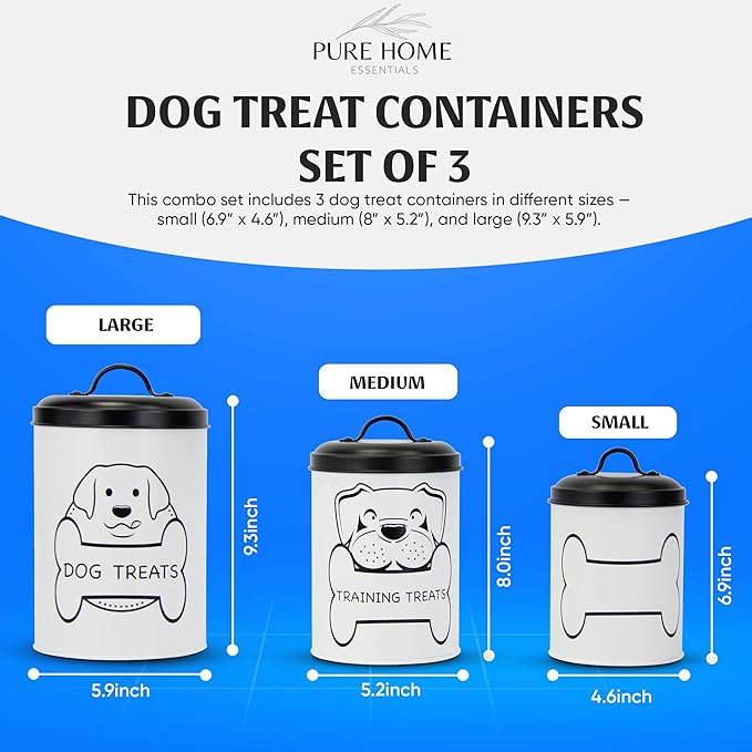 PURE HOME ESSENTIALS Metal Dog Treat Containers with Lids (Set of 3) – Customizable Chalk Labels & Chalk Included – Dog Food Storage/Dog Treat Jars for Kitchen Counter