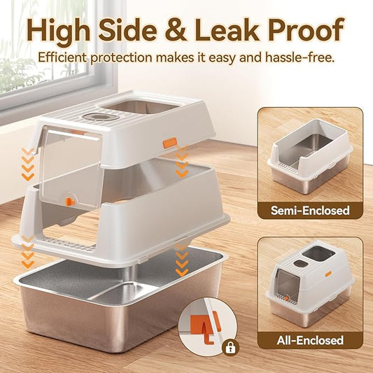 Enclosed Stainless Steel Cat Litter Box with Lid Extra Large Litter Box for Big Cats XL Metal Litter Pan Tray with High Wall Sides Enclosure, Non-Sticky, Anti-Leakage, Easy Cleaning (Light Grey-2)