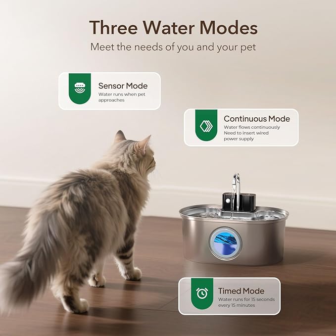 Cat Water Fountain Stainless Steel 108oz/3.2L:Battery Operated Wireless Cat Fountains for Drinking Indoor, Automatic Pet Water Dispenser with Ultra Quiet Pump,Multi-Filtration,Easy Clean BPA-Free