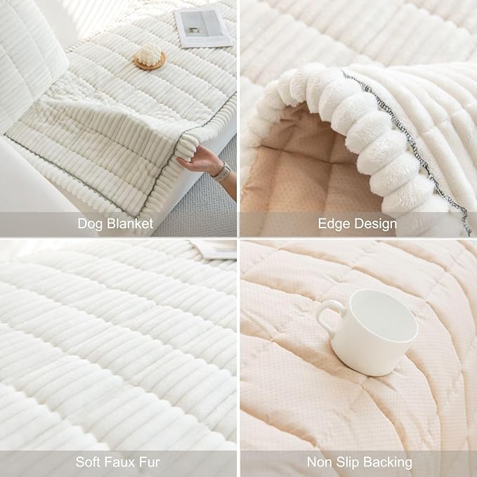 Faux Fur Plush Dog Couch Cover 3D Stripe Fuzzy Sofa Cover Non-Slip Fluffy Dog Bed Cover Pet Blanket Sofa Couch Furniture Protector for Puppy Large Dog Cat (Cream,24"x35")