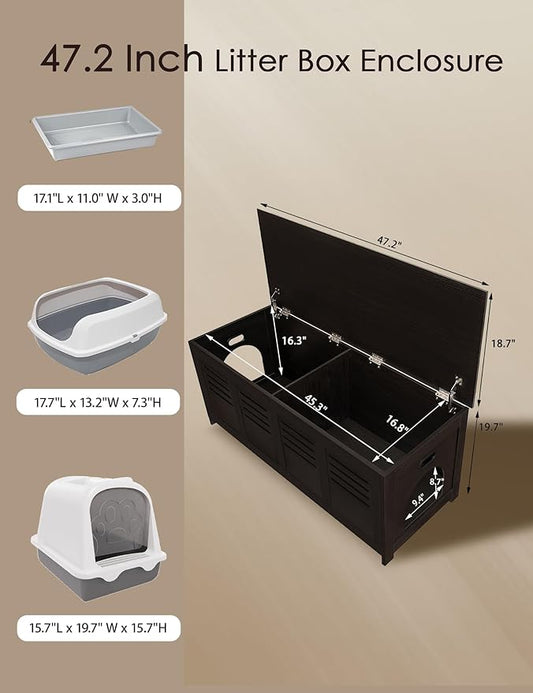 DINZI LVJ Litter Box Enclosure Furniture for 2 Cats, Top Opening Hidden Litter Box with Double Rooms, Dual Cat House with Good Ventilation, 47.2" Wooden Cat Washroom, Espresso