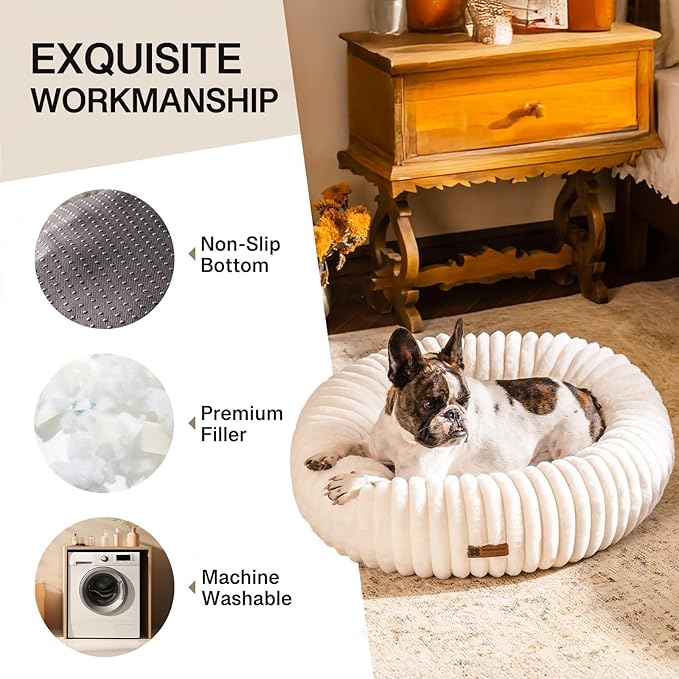 MEWOOFUN Donut Dog Beds for Small Dog, Calming Bed Round Cute Puppy Bed with Non-Slip Bottom, Fluffy Washable Pet Bed for Puppy and Kitten (Cream, S (25x25x7))