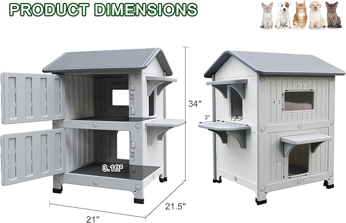 Rockever Luxury Plastic Outdoor Indoor Cat House with Escape Door, Waterproof 2 Story Outdoor Houses for Feral Cats Outside Cat Shelter, Spacious, Clean and Assemble Easily