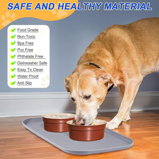 Silicone Pet Feeding Mat with Raised Edge for Food and Water, Dog Bowl Mats, Cat Bowls Placemat with High Lip for Floor Waterproof, Rubber Tray for Cats and Dogs 24 x 16 x0.8 Light Gray