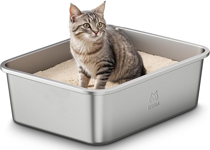 Stainless Steel Cat Litter Box with Handle, Metal Kitty Litter Box with High Sided for Small Cats, Non-Stick, Easy to Clean, Odor-Free, 15.6"×11.6"×5.9" for Kitten, Kitty, Rabbit