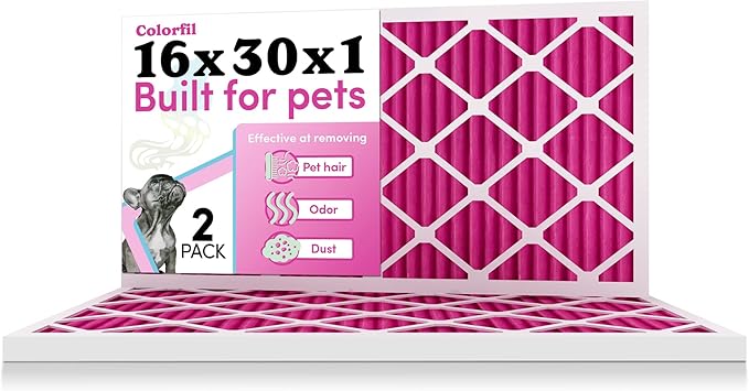 16x30x1 Air Filter by Colorfil | Color Changing Filters for Cat and Dog Odor | MERV 8 Furnace AC Filter for Pet Hair and Dust | 15.75"x29.75"x0.75" Exact Size | Pack of 2