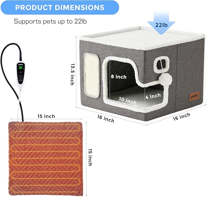 Heated Cat House for Indoor Cats - Cat Warming Bed for Winter with Fluffy Ball Hanging and Adjustable Heating Pad, Foldable Cat Hideaway,16.5x16.5x13 inches, Navy Blue