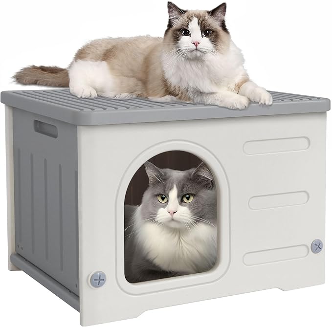 Deblue Plastic Cat House for Indoor Outdoor, Weatherproof Outside Cat House for Feral Cats, Unique Cat Shelter for Small Pet, Spacious, Easy to Assemble - Grey