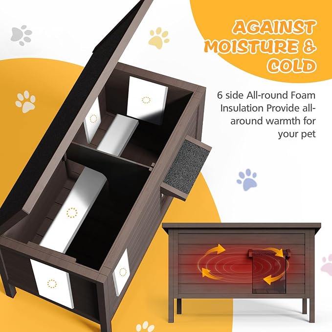 rehitk Outdoor Cat House for Winter Feral Cat House Waterproof All-Round Foam Insulated and Thermostatic Large Outdoor Cat Shelter, Solid Wood Cat Condos for Multiple Cats 34.4 "L * 21.7" W * 27.2" H