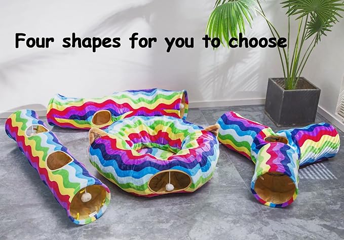 LUCKITTY Cat Tunnel - S-Shaped, Rainbow Wave Color, Soft Velvet Exterior, Oxford Fabric Fog-Proof Interior, Plush Toy Ball, Easily Washable, Conveniently Foldable, 47.2in/120cm