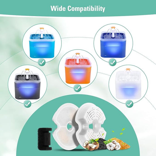 8 Pack Replacement Filters & Pump Sponges for 67oz/2L Colorful Cat Fountain with LED Light, BFLICROY Cat Water Fountain Filter, Quadruple Filtration Pet Fountain Filters Replacement