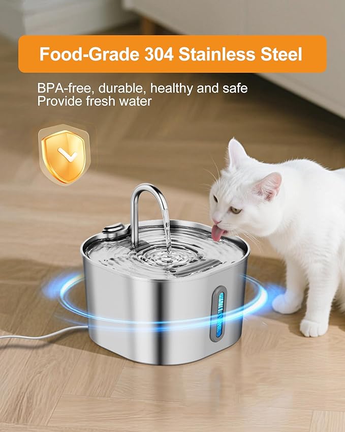 Cat Water Fountain Stainless Steel: 2.2L Pet Fountains for Cats Indoor Automatic Cat Fountain for Drinking Small Animal Water Bowl Dispenser Quiet Kitty Watering Supplies -for Small/Medium Cats & Dogs