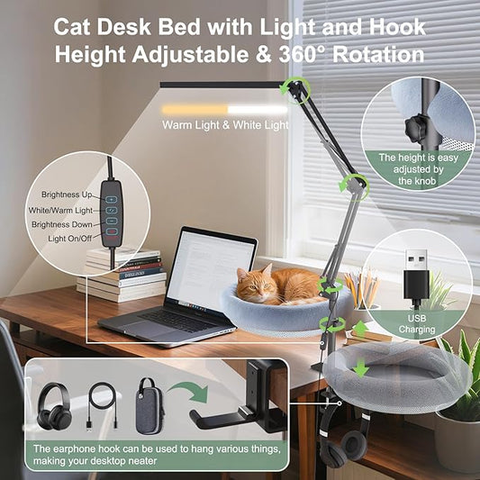 Cat Desk Bed with Desk Lamp - Cat Bed with 360 Rotation & Adjustable Height - Soft & Comfortable Hammock