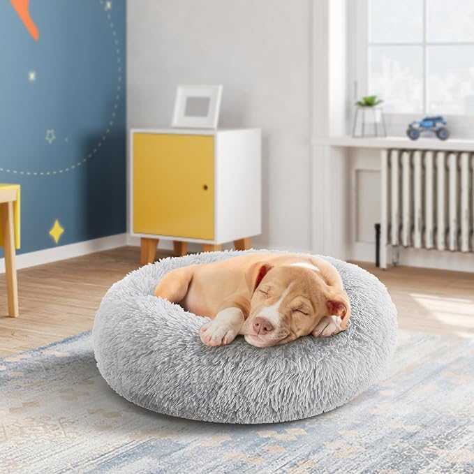 Calming Donut Dog Bed Medium Size Removable Cover + 2 PCS Cooling Rattan Pet Mat, Fluffy Comfort Anti-Anxiety Washable Round Pets Bed with Double-Sided Cool Pad for Medium Dogs/Cat, 31" Gray