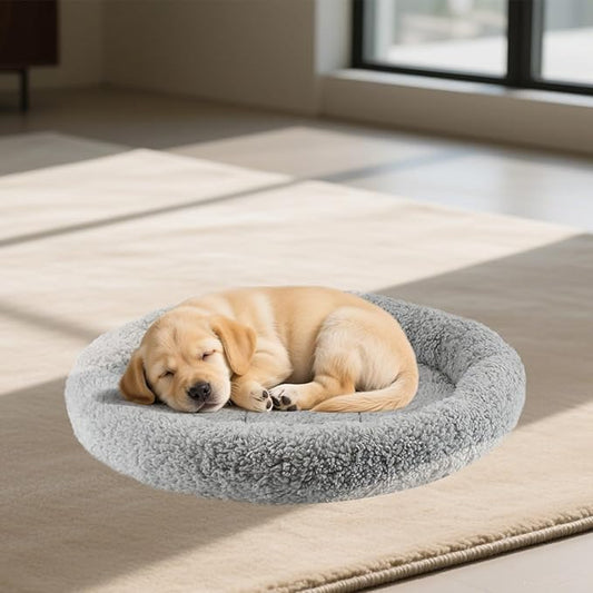 PETLESO Large Cat Bed Mat 19.5" Round Pad with Pillow Around, Soft Warm Plush Cushion for Small to Medium Dogs Cats Sleep/Nap, Neck Protection Mattress, Non-Slip Washable, Large