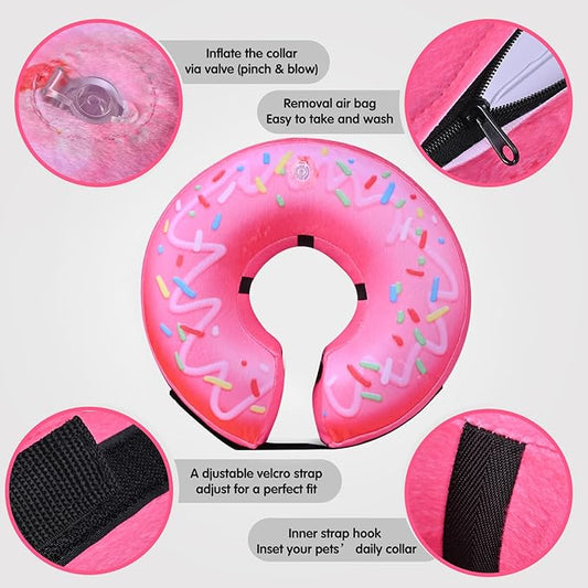 Katoggy Inflatable Dog Cone Collar for Dogs After Surgery, Soft Adjustable Blow up Donut Dog E-Collar for Small Medium Large Dog and Cats,Pink Donut,X-Large