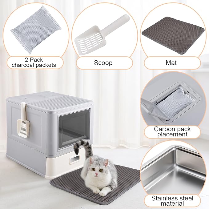 ELEGX Odor-Control Drawer Design Stainless Steel Cat Litter Box,XL Large 4-in-1 Cat Metal Litter Box Set,Extremely Easy to Clean,Enclosed Removable Metal Litter Box with High Sided Enclosure