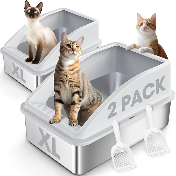 2 Pack Stainless Steel Litter Box | XL Enclosed Cat Litter Boxes with Lid for Big Cats and Multi-Cats | High Sided, Anti-Urine Leakage | Non-Stick Bottom(Silver Gray)