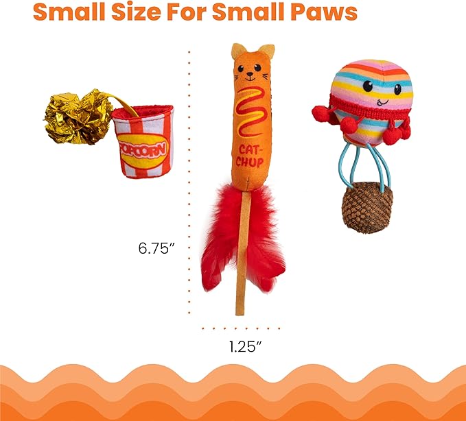 Catstages Pawrty Cat Toys, 3-Pack Catnip Plush Toys with Crinkle, Feathers & Flinger, Multicolored