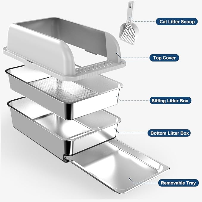 23.6"x15.7"x6" Enclosed Stainless Steel Litter Box with Lid, XL Sifting Litter Box for Pine Pellets with Removable Drawer Pan for Easy Cleaning, High Sides Large Metal Litter Box System for Big Cats