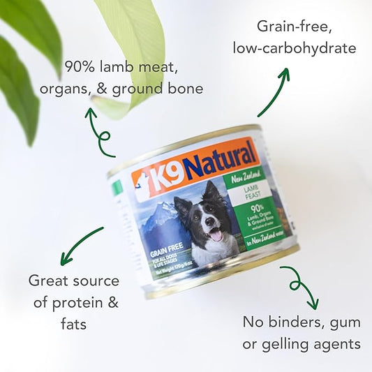 K9 Natural Wet Dog Food Pate, Lamb Feast, 6 Oz Cans (Pack of 12), Grain Free, Made in New Zealand with Grass-Fed, Free-Range Lamb, Single Source, Limited Ingredient
