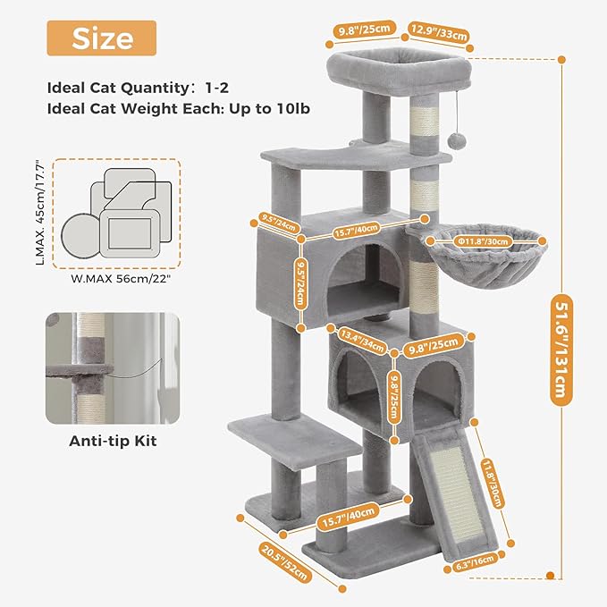PAWZ Road Cat Tree, 51.6 Inches Cat Tower with Dual Condos, Spacious Perch, Cozy Basket and Sisal-Covered Scratching Posts for Small Cats and Kittens- Gray