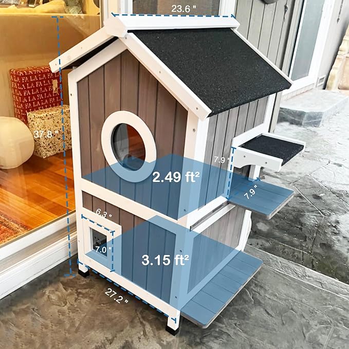 Cat House for Outdoor Cats Outdoor Cat House Weatherproof, 2 Story Feral Cat Shelter for Winter, Wooden Kitty House Home Enclosure Outside with Waterproof Roof