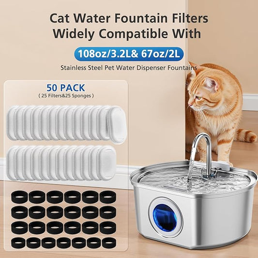 50 Pack Cat Water Fountain Filters for 108/3.2L& 67oz/2L Stainless Steel Pet Water Dispenser Cat/Dog Fountain Filter Replacement(25 Filters & 25 Sponges)