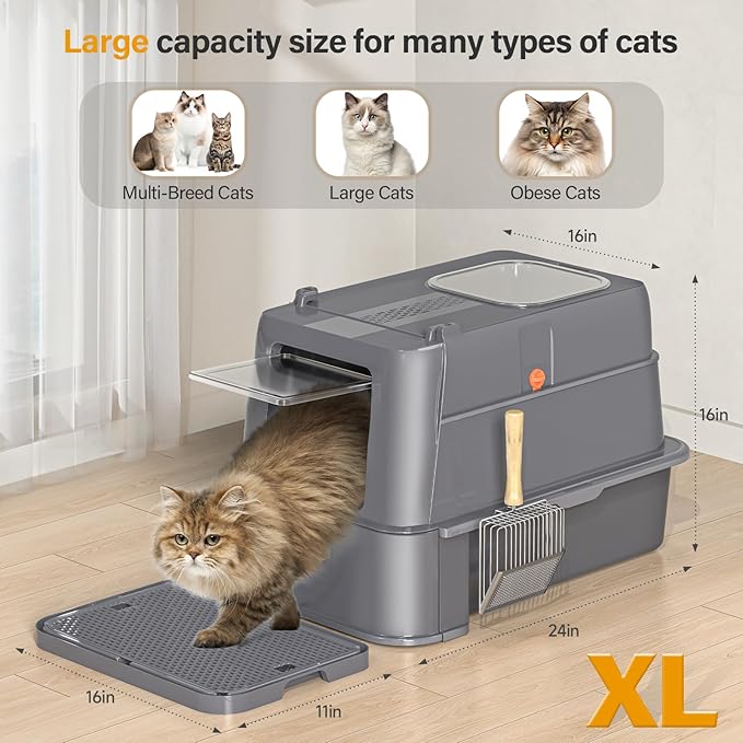 Enclosed Stainless Steel Cat Litter Box with Lid,XL Large Metal Cat Box with Drawer for Big Cats,Top Exit Kitty Litter Box Includes Scoop, Filter Pedal,Odor Control, Easy Cleaning