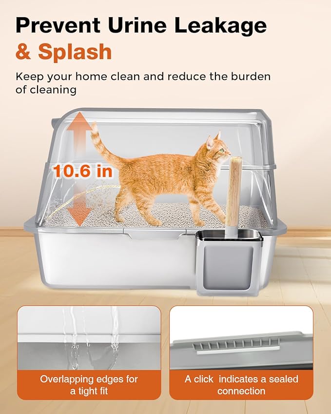 Stainless Steel Litter Box with Lid - Extra Large Cat Litter Boxes for Big Cats with Mat & Scoop - Anti-Leakage, Odor-Proof, High-Sided, Non-Stick& Easy to Clean - Ideal for Multi-Cat Homes - Gray