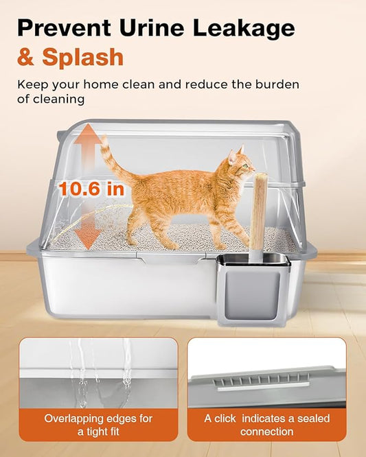 Stainless Steel Litter Box with Lid - Extra Large Cat Litter Boxes for Big Cats with Mat & Scoop - Anti-Leakage, Odor-Proof, High-Sided, Non-Stick& Easy to Clean - Ideal for Multi-Cat Homes - Gray