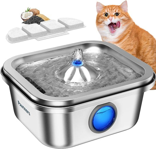 Cat Water Fountain Stainless Steel, 4L/135oz Pet Fountain, Automatic Dog Drinking Dispenser with Water Level Window, Filter, Quiet Pump, Silver