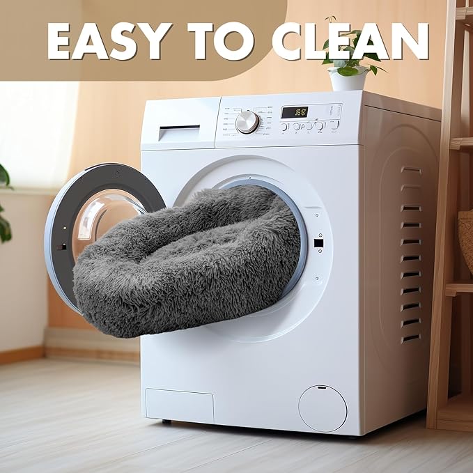 Athena Collection Washable Dog Bed Medium Size Dog, Cat Bed for Indoor Cats, 31 Inches Fluffy Faux Fur Round Pet Bed Calming Cozy Soft Warming Donut for Medium Puppy Kitten, Grey