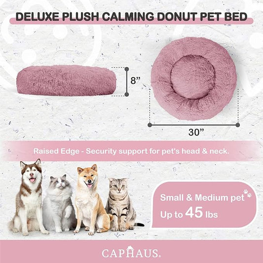 CAPHAUS 24/30 Inch Calming Donut Pet Bed for Small/Medium Cats and Dogs, Anti-Slip Bottom, Washable, Anti-Anxiety Fluffy Round Cat Bed, Indoor Shaggy Cuddler Cotton Candy Brown, Light Gray, Pink Bed