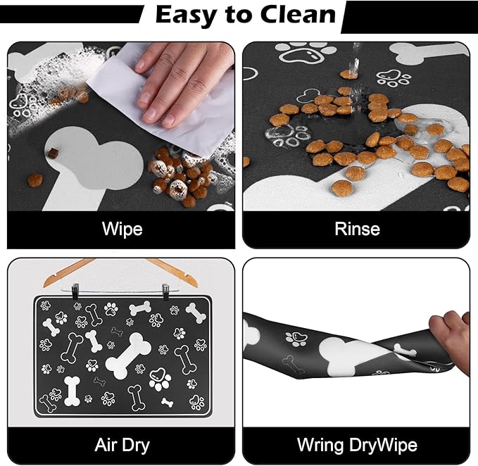 Pet Feeding Mat,Rapid Absorbent Mats for Dog Cat Food, Dog Placemat Water Bowl Mat with Rubber Backing,Messy Drinkers to Protect Floors, Pet Accessories 12"x18" Black