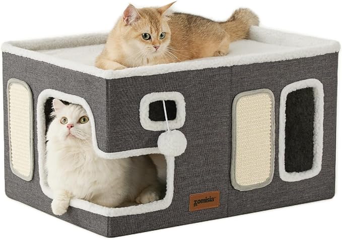 Extra-Wide Cat House for Indoor Cats - Large Cat House for Pet with Fluffy Ball Hanging and Scratch Pad, Foldable Cat Hideaway for Multi Cats, 23x16.5x13 inches, Grey