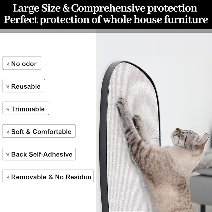 Uranshin Trimmable Cat Scratch Mat pad Self-Adhesive Cat Scratching Post Carpet Covered 78.7"x15.8" Cat Tree Shelves Replacement Parts cat Furniture Protector for Couch Wall (Beige)