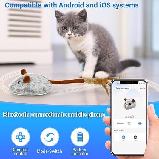 APP & Bluetooth Remote Control Cat Toy - Auto Moving, USB Rechargeable Interactive Mouse Toy for Indoor Cats - Red