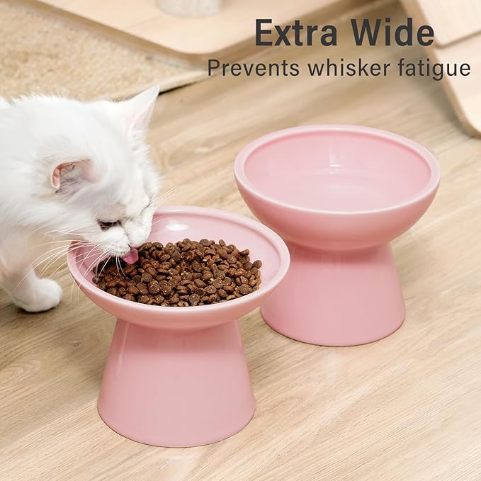 2 Elevated Cat Bowls Extra Wide for Food & Water – Whisker Fatigue, Ceramic Wide Shallow Food Dish, Lead & Cadmium Free, Raised Height for Cats, Pink