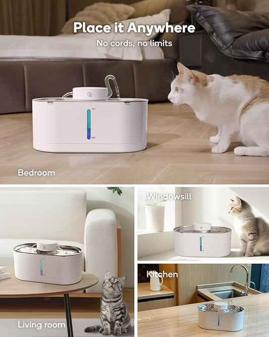 Cat Water Fountain Cordless, 108oz/3.2L Wireless Cat Fountains for Drinking, Pet Water Fountains for Cats Indoor, Automatic Cat Water Dispenser Battery Operated Rechargeable, Stainless Steel White