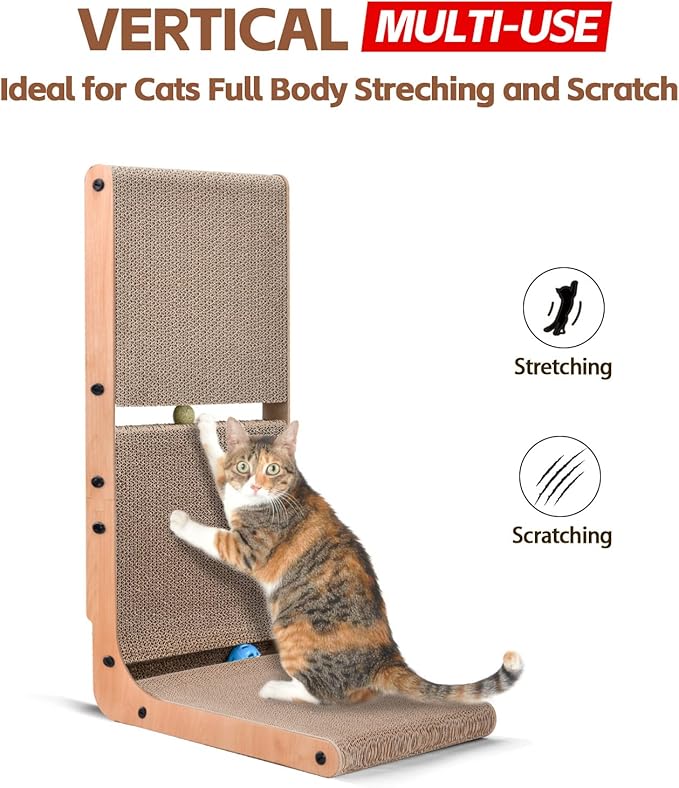 AUSCAT Cardboard Cat Scratcher, Vertical Cat Scratchers for Indoor Cats, 27.2 Inch L-Shape Cat Scratch Pad with Two Build-in Toy Balls