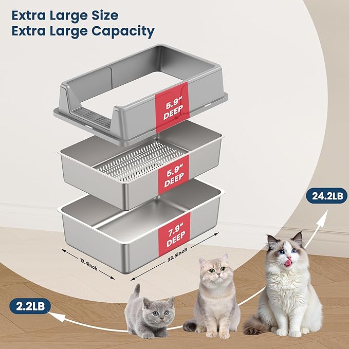 23.6" x 15.7" x 14.7" TIUUBT Stainless Steel Sifting Litter Box for Pine Pellets, XL Sifting Cat Litter Box with Sifter, High Side for Big Cats, Anti-Leakage, Odor Control, Includes Scooper