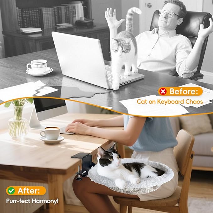 L&W BROS.Cat Desk Bed – Supports Up to 50 lbs, Removable Machine-Washable Plush Cover, Comfortable Cat Perch for Indoor, Space-Saving Foldable Design for Home Office, Gaming Desks