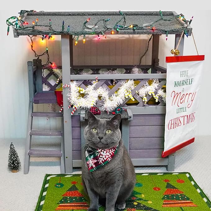 GUTINNEEN Cat House Outdoor Indoor, Weatherproof Outside Feral Cat Shelter,2-Level Wooden Kitten House with Stairs, Waterproof Roof and Balcony