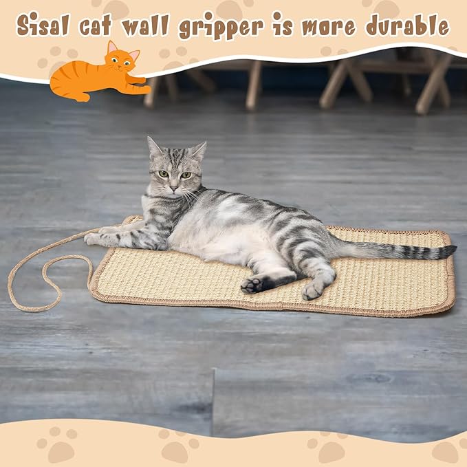 2 Pack Sisal Door Cat Scratching Mat Double Use Hanging Scratcher Wall Floor Mount Natural Cat Scratch Mat Kitty Scratching Pad for Indoor Kitten with Hemp Rope, 7.87 x 19.69(Natural)