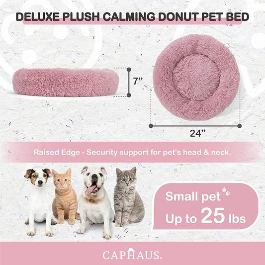 CAPHAUS 24/30 Inch Calming Donut Pet Bed for Small/Medium Cats and Dogs, Anti-Slip Bottom, Washable, Anti-Anxiety Fluffy Round Cat Bed, Indoor Shaggy Cuddler Cotton Candy Brown, Light Gray, Pink Bed