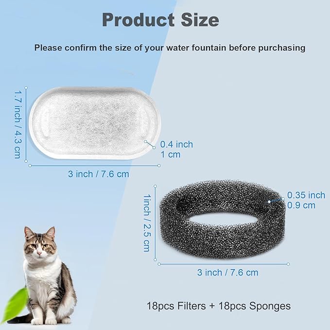 Cat Water Fountain Filters, 36 Pack Replacement Filters for 108oz/3.2L& 67oz/2L Stainless Steel Dog Water Fountain(18 Filters & 18 Sponges
