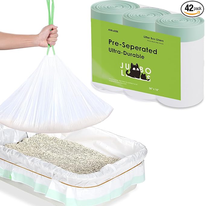 42 Count Cat Litter Box Liners, Drawstring Large/Jumbo Cat Litter Liner Bags For Litter Box, Kitty Litter Liner Heavy Duty Pre-Separated 36" x 16"