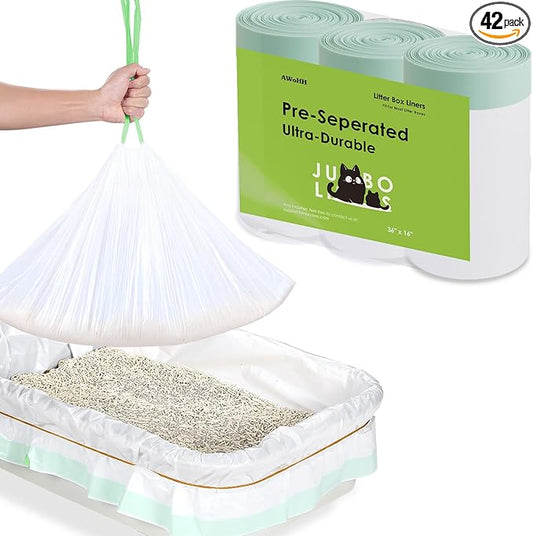 42 Count Cat Litter Box Liners, Drawstring Large/Jumbo Cat Litter Liner Bags For Litter Box, Kitty Litter Liner Heavy Duty Pre-Separated 36" x 16"